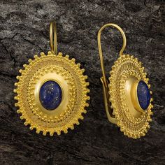 The earrings has unforgettable dignity and grace. An oval variation on the classic Afghani design. Lapis earrings in a traditional cabochon cut. European leverbacks for pierced ears. 24k gold over sterling silver. Size: 1 1/4 inch. Jupiter Jewelry, Etruscan Jewelry, Lapis Jewelry, Lapis Earrings, Lapis Lazuli Earrings, 5 Elements, Egyptian Jewelry, Golden Earrings, Ancient Jewelry