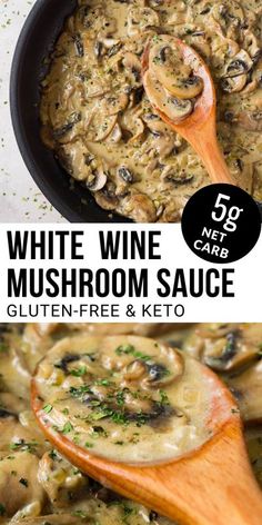 white wine mushroom sauce in a skillet with a wooden spoon next to the recipe