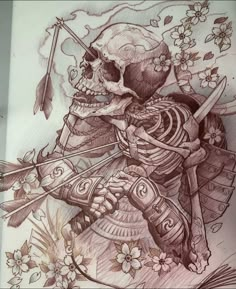 a drawing of a skeleton holding a bow and arrow