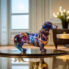 a dog figurine sitting on top of a glass table in a living room