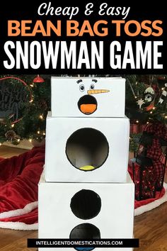 a snowman game made out of cardboard boxes with the words cheap and easy bean bag toss