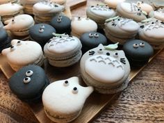 there are many decorated macaroons on the tray together, including one with eyes and nose