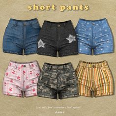 four shorts with different designs on them and the words short pants written in large letters