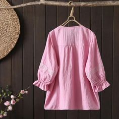 Women's V-Neck Embroidery Mid-Sleeve Solid Pullover Shirt Elegant Blouse Casual V-neck Blouse With Embroidered Sleeves, Casual V-neck Top With Embroidered Sleeves, Cotton Blouse With Embroidered Bishop Sleeves, Embroidered Bishop Sleeve Cotton Top, Fall Cotton V-neck Embroidered Top, Embroidered Cotton Bishop Sleeve Top, Floral Embroidered V-neck Top With Relaxed Fit, Casual Crew Neck Top With Embroidered Sleeves, Cotton V-neck Blouse With Floral Embroidery