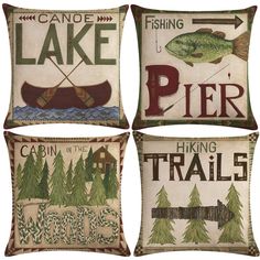 four decorative pillows with canoes and fishing designs