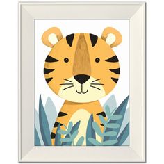 a tiger in the jungle with leaves on it's head and eyes, framed in white