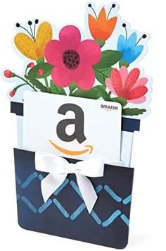 an amazon gift card with colorful flowers in a blue flower pot and the number six on it