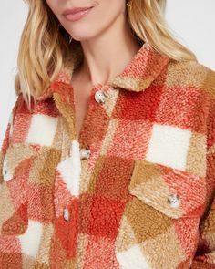 This sherpa jacket is loaded with cozy vibes! Boxy fit with a button-up front, two chest pockets and a plaid pattern that adds a touch of rugged comfort to your cold-weather ensemble. Made of snuggly sherpa with a soft knit lining. | Yukon Sherpa Jacket for Women by Herizon from Wantable Orange Plaid, Jacket For Women, Cozy Vibes, Sherpa Jacket, Plaid Pattern, Soft Knits, Chest Pocket, Cold Weather, Button Up