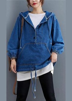 Unique Blue Denim Button Pockets hooded Fall Long sleeve Top - Omychic Ropa Upcycling, Denim Sweater, Linen Maxi Dress, Comfortable Room, Suit Style, Tops Fall, Top Fabric, Fashion Mode, Cup Size