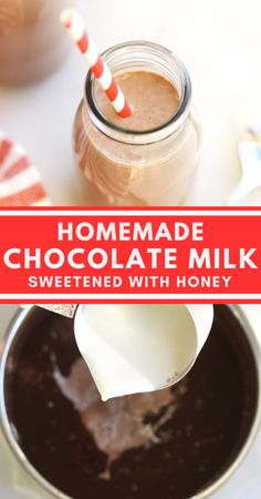 How to make the best homemade chocolate milk with unsweetened cocoa powder and honey. This healthy and super easy recipe is made without chocolate syrup or refined sugar!