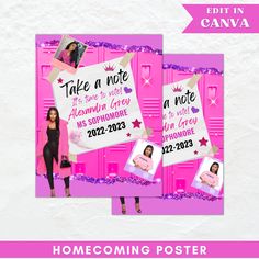 two pink posters with photos of women in front of them and the words, take a note