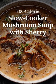 a white bowl filled with mushroom soup on top of a table