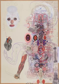 an art work with multiple images and symbols on it, including the human body in different colors