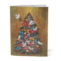 a greeting card with an image of a christmas tree decorated with flowers and doves