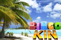 a beach scene with the words bingo kinn written in multicolored letters and a palm tree