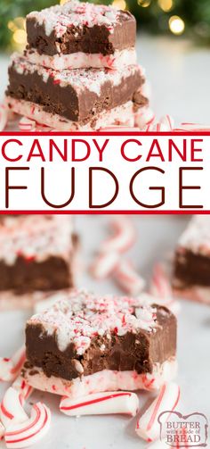 candy cane fudge brownies stacked on top of each other