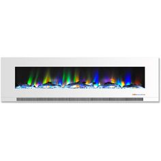 an electric fireplace with multicolored lights on the front and back side, in white