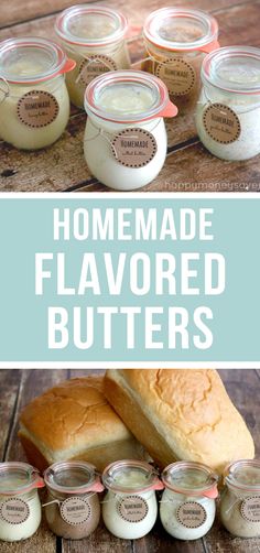 homemade flavored butters in jars and bread