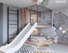 a bedroom with a slide in the middle of it and a teddy bear mural on the wall