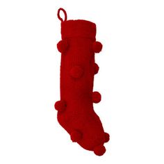 a red sock with pom - poms hanging from it