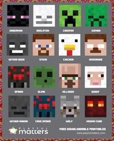 an image of different minecraft characters in pixel art style with the names and colors