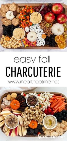 two trays filled with different types of food and the words easy fall charcuterie