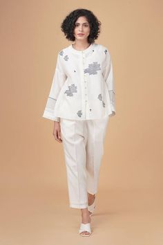 Ivory silk chanderi shirt with contrasting indigo hakoni and bird prints and embroidered highlights. Comes with pant and slip. - Aza Fashions Block Print Shirt, Indian Pants, Types Of Work, Cotton Clothes, Ivory Silk, Pant Shirt, Pant Set, Shirt And Pants, Bird Prints