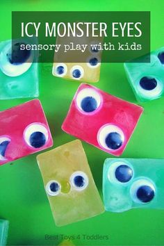 plastic monsters made to look like eyes with text overlay that reads, icy monster eyes sensory play with kids