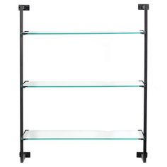 three glass shelves with black metal brackets on the top and bottom, against a white background