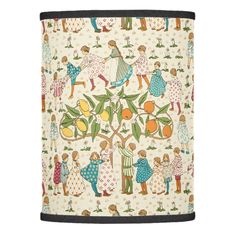 a lampshade with an image of people and fruit trees on the front side