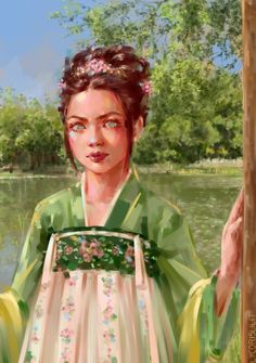 a digital painting of a woman wearing a green kimono and holding a stick in her hand