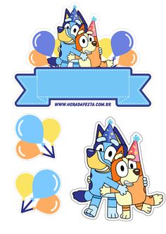 an image of two cartoon dogs with party hats and balloons on their heads, one is holding