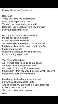 a poem written in black and white with the words prayer before the examination