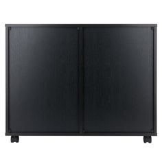 a black cabinet with two doors on the front and one door open to reveal something