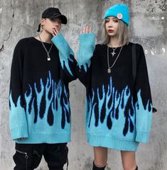 Material: Cotton Size: M-2XL Blue Flame Sweater, Flame Sweater, Flame Pattern, Sweater Streetwear, Couples Sweaters, Egirl Outfits, Oversize Pullover, Vintage Hip Hop, Flame Design