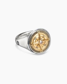 Maritime® Compass Signet Ring in Sterling Silver with 18K Yellow Gold and Center Diamond, 19.4mm Signet Ring With Diamond, David Yurman Rings, David Yurman Mens, David Yurman Ring, Diamond Signet Ring, Mens Gold Rings, Silver Signet Ring, David Yurman Jewelry, Ring With Diamond