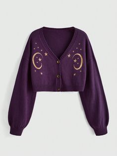 Purple Casual Collar Long Sleeve Fabric Galaxy  Embellished Slight Stretch  Women Clothing Aliencore Outfit, Violet Clothes, Hippie Cardigan, Goth Plus Size, Mode Purple, Stars Fashion, Drop Shoulder Cardigan, Star Embroidery, Plus Size Cardigans