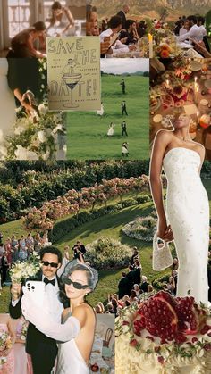 a collage of wedding photos with people in the background and onlookers