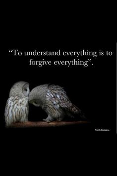 two owls sitting next to each other with a quote on it that says, to understand everything