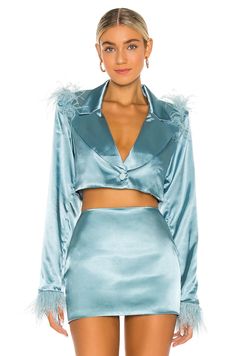 Feather Cropped Blazer and Skirt Set - joinleora Blazer E Short, Skirt Top Set, Danielle Guizio, Stitch Clothes, Satin Blazer, Blazer And Skirt, Feather Trim, Blazer Set, Blazer And Shorts