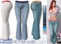 three different colored jeans are shown with the same woman's body in front and back