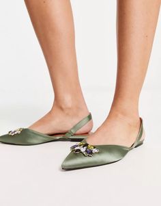 ASOS DESIGN Lyrical embellished slingback ballet flat in green | ASOS Elegant Green Flats For Summer, Spring Embellished Low Heel Flats, Green Closed Toe Flats For Party, Embellished Pointed Toe Flats For Spring, Green Low Heel Flats For Spring, Embellished Pointed Toe Slingback Pumps For Spring, Spring Embellished Flats With Flat Heel, Green Pointed Toe Flats For Summer, Embellished Spring Flats