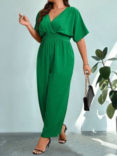 Green Casual Collar Short Sleeve Woven Fabric Plain Other Embellished Non-Stretch  Women Plus Clothing Spring Green V-neck Jumpsuits And Rompers, Green V-neck Jumpsuits And Rompers For Spring, Green Fitted V-neck Jumpsuit, Green V-neck Jumpsuit For Work, V-neck Solid Color Jumpsuits And Rompers For Spring, Solid Color V-neck Jumpsuits And Rompers For Spring, Green V-neck Casual Jumpsuits And Rompers, Green V-neck Jumpsuits And Rompers For Summer, Green V-neck Jumpsuit For Summer