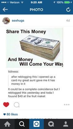 an iphone screen with the message share this money and win some your way