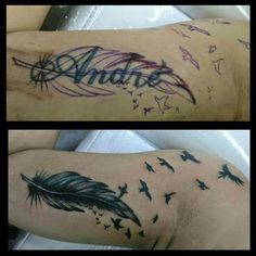 two pictures of the same tattoo on someone's arm, one with an arrow and another with birds