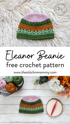 a crocheted beanie is shown with the text,'free crochet pattern