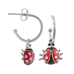 Cute as a button. Ladybug hoop drop earrings offer the perfect touch of whimsy to any ensemble. Pair these silver-plated earrings with a new pendant.Cute as a button. Ladybug hoop drop earrings offer the perfect touch of whimsy to any ensemble. Pair these silver-plated earrings with a new pendant. Click on this JEWELRY & WATCHES GUIDE to learn about fit, styles, materials and more! Black and red inlays lend colorful appeal. Crystal accents shimmer and shine. Details: 1-in. length Pierced Post ba Charm Small Hoop Metal Earrings, Sterling Silver Clip-on Hoop Earrings As Gift, Metal Round Earrings With Charms, Ladybug Jewelry, Hoop Drop Earrings, Cute As A Button, Shimmer And Shine, Button Earrings, Colorful Earrings