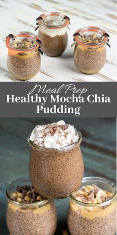 healthy mocha chia pudding in small glass jars with nuts on the side and topped with whipped cream