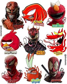 some red and black masks with different designs on them, including an evil demon head