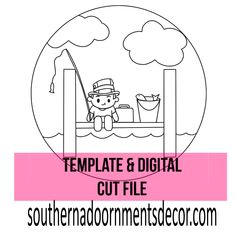 the logo for template and digital cut file with a cartoon character sitting on a bench